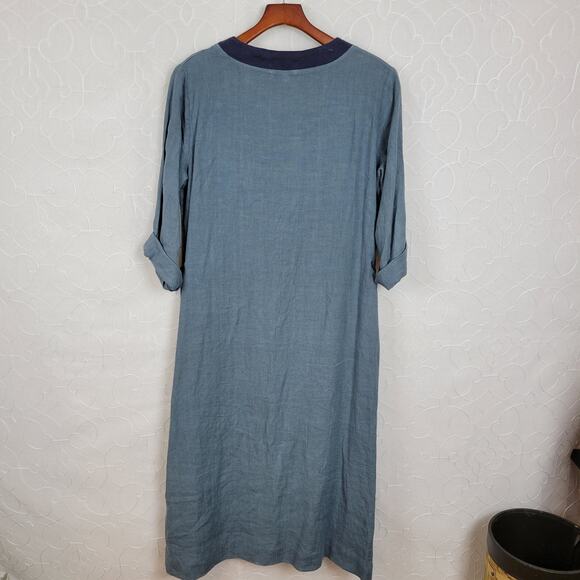 VTG Subtle Tones Linen Dress XS Blue Square Neck Side Ties Lagenlook Maxi - Picture 12 of 12